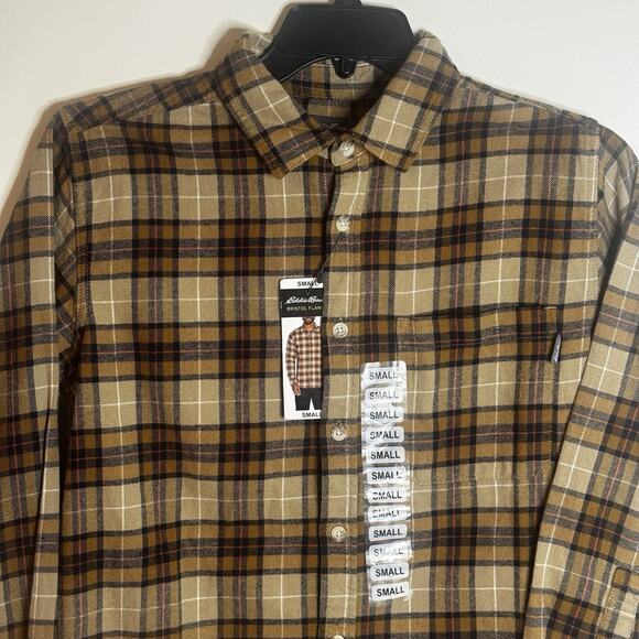 New Eddie Bauer Men's Small Bristol Flannel Cotton Khaki Plaid Shirt Fall NWT - Picture 2 of 14